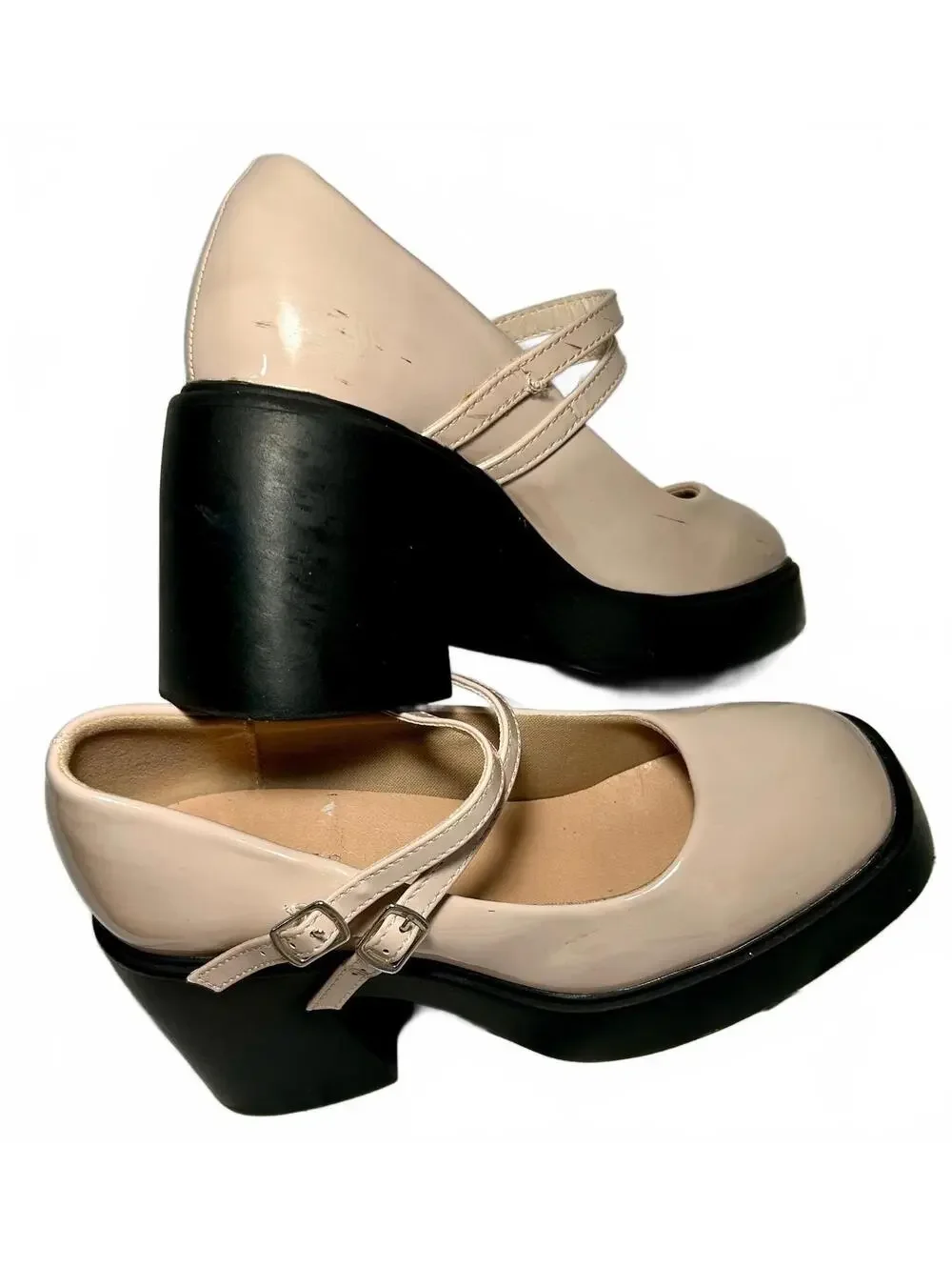TOP MODA Womens 6.5 Nude Patent Mary Jane Platform Heels Double Strap Chunky Y2K